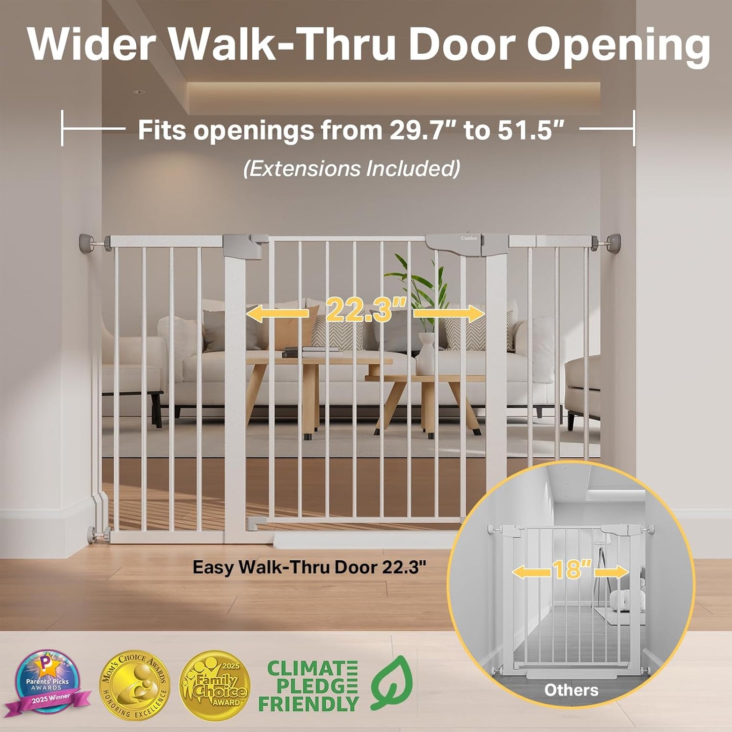Cumbor 29.7-48" Baby Gate for Stairs, Mom's Choice Awards Winner-Dog Gate for Doorways, Auto Close Safety Pet Gate for Dogs Indoor, Easy Install Pressure Mounted Child Gate with Walk Thru Door, Brown