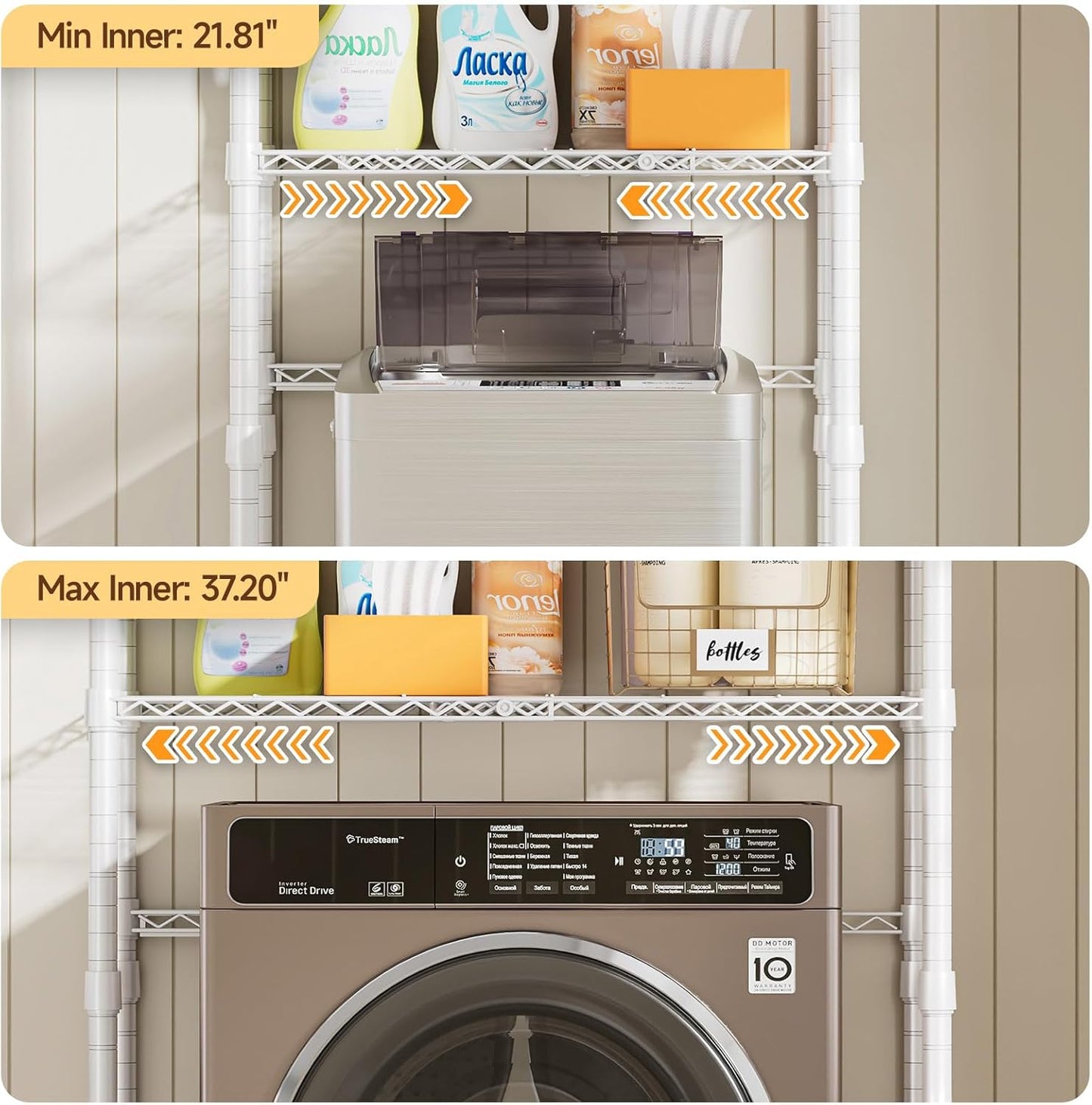 ONBRILL Expandable Over Washer and Dryer Shelves, 3 Tiers Laundry Room Organization and Storage with Hanger Rod, 4 Hooks, Adjustable Height Metal Freestanding Clothes Drying Rack, White