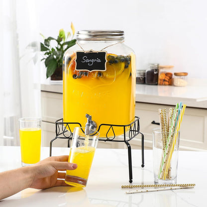 2 Gallon Glass Beverage Dispenser, 18/8 Stainless Steel Spigot and Lid - Glass Drink Dispensers for Parties - Mason Jar Drink Dispensers with Lids - Laundry Detergent Holder