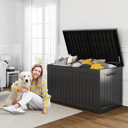 PatioZen 100 Gallon Resin Deck Box, Lockable Patio Outdoor Storage Box for Furniture, Garden Tools and Tools Storage, Waterproof Outside Storage Boxes - Black