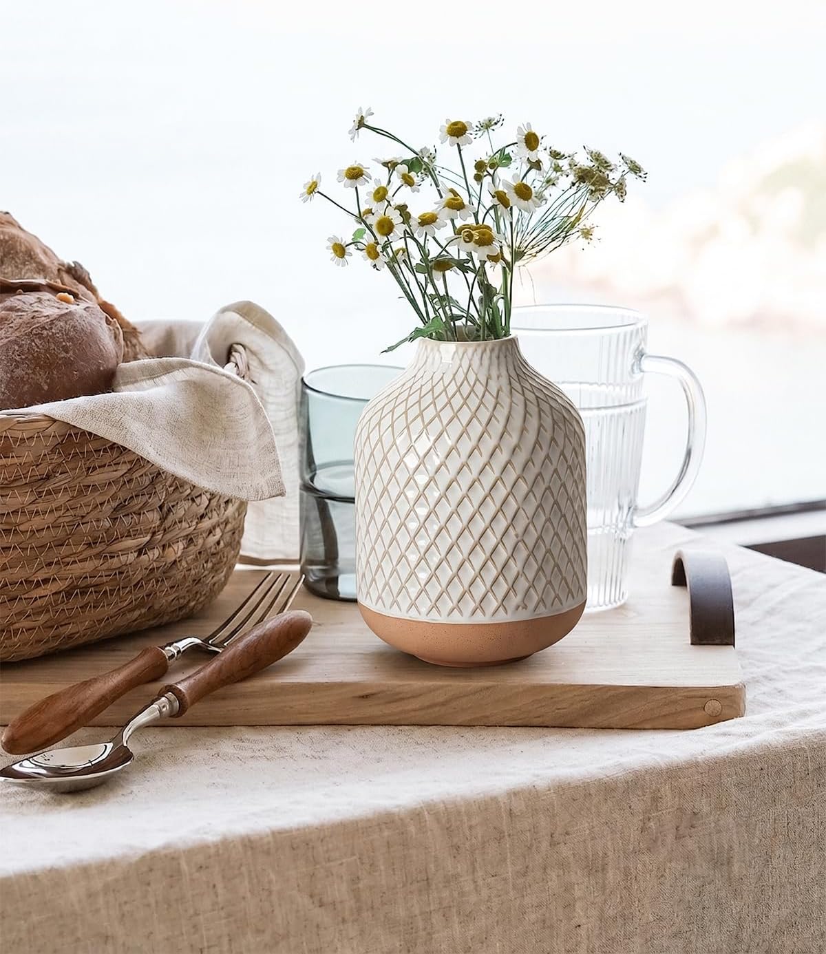 Small Boho Vase for Decor,Rustic Farmhouse Vase for Pampas Grass,Eucalyptus Set and Tiny Stem Flowers,Ceramic for Centerpieces, 5.3 Inch,Wave-Arctic White
