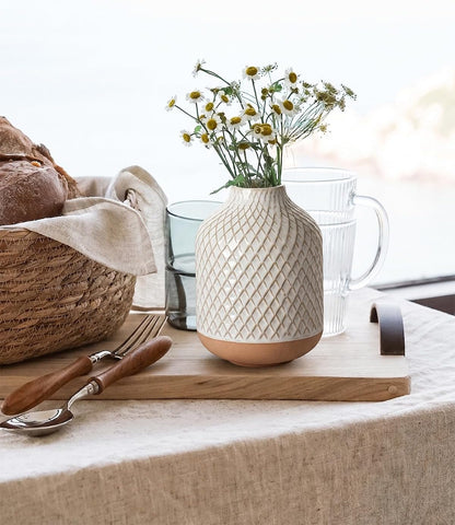 Small Boho Vase for Decor,Rustic Farmhouse Vase for Pampas Grass,Eucalyptus Set and Tiny Stem Flowers,Ceramic for Centerpieces, 5.3 Inch,Wave-Arctic White