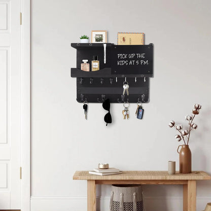 Key Holder for Wall Mount with Shelf and Mail Organizer, Key and Mail Holder with 16 Hooks, Farmhouse Entryway Organizer, Home Decor Rack (Pine Wood, Black)