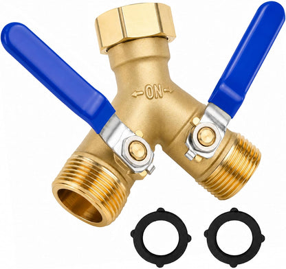 CARPATHEN Brass Hose Splitter 2 Way Heavy Duty - Solid Brass Garden Hose Splitter, Y Valve Water Connector with Long Handles, Full Flow 3/4 Inch GHT Thread for Outdoor Faucet and Spigot, Leak-Proof