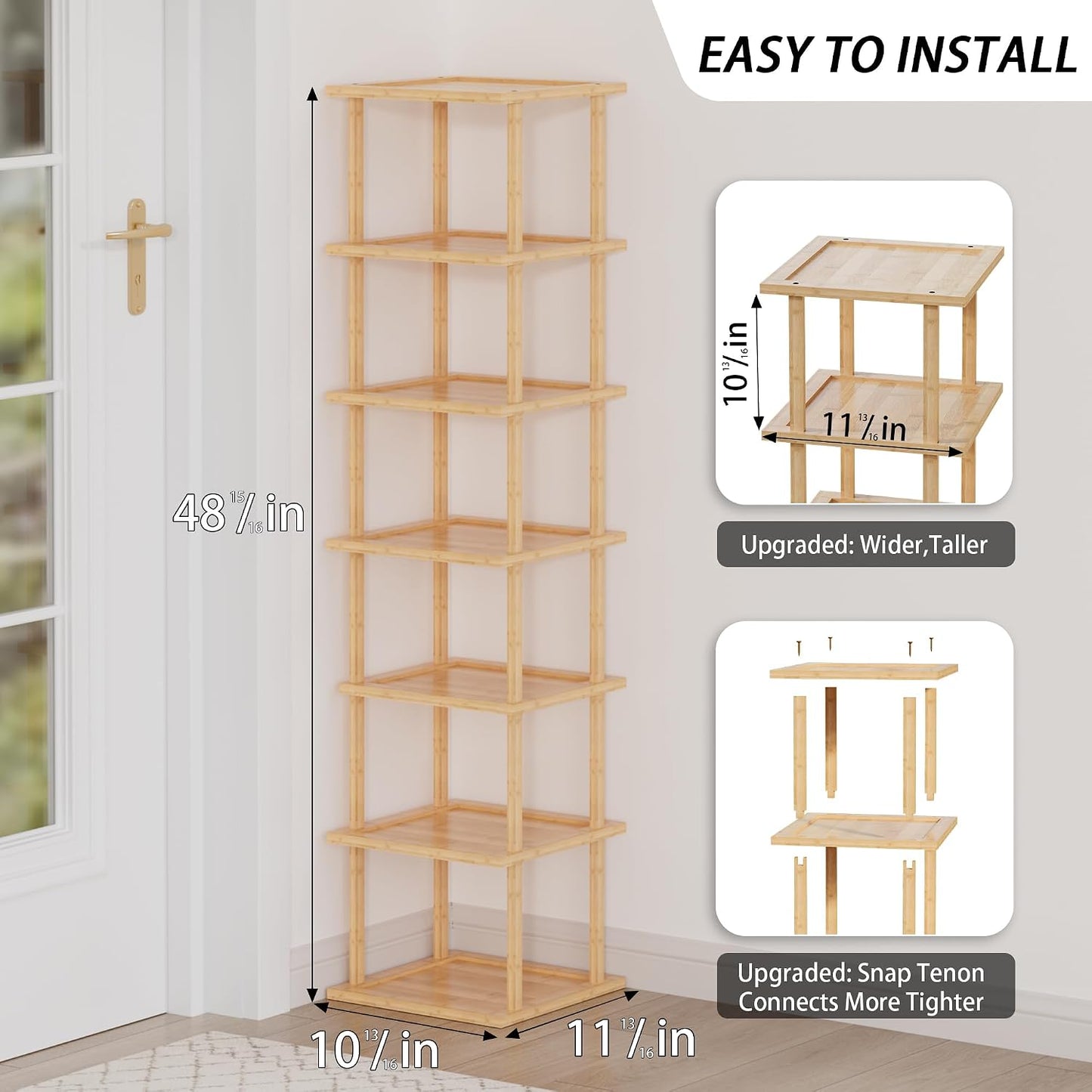 Vertical Tall Shoe Rack Organizer for Entryway -7 Tier Free Standing Slim Narrow Bamboo Wood Corner Stackable Shoe Boots Storage Stand Small Spaces for Closet Garage Cloakroom Living Room (Black)