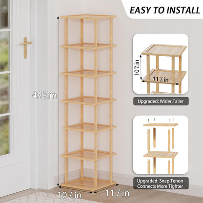 Vertical Tall Shoe Rack Organizer for Entryway -7 Tier Free Standing Slim Narrow Bamboo Wood Corner Stackable Shoe Boots Storage Stand Small Spaces for Closet Garage Cloakroom Living Room (Black)