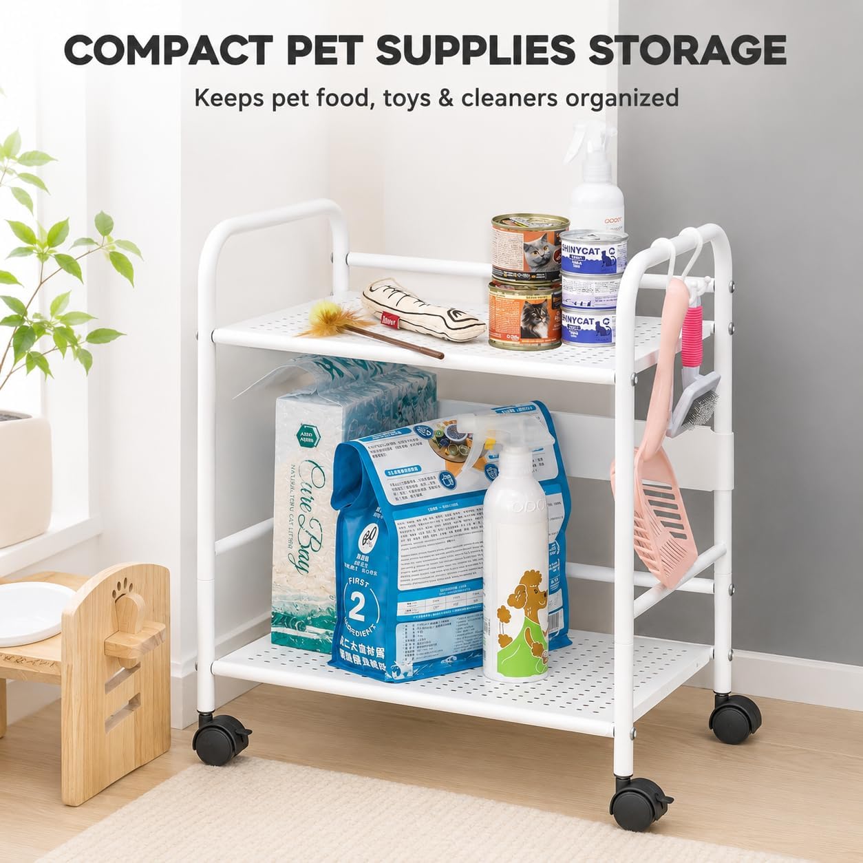 2-Tier Metal Rolling Cart, Compact Under Desk Storage Organizer | 12.2" clearance fits binders & tall bottles; anti-drop safety guard; small space mobile shelf for home, bedroom & office.