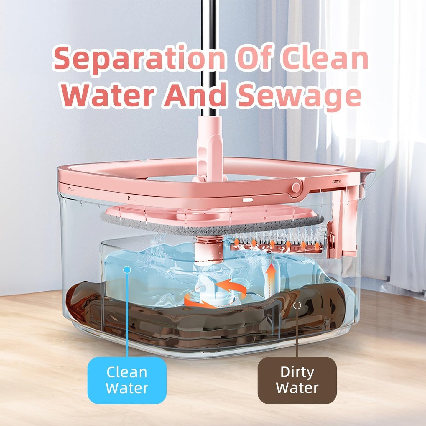 Spin Mop and Bucket Set with 2 Replaceable Microfiber Mop Pads with Self Separation Dirty and Clean Water System, Self Wringing 360° Rotating Square Mop Head for Hardwood Tile Marble Floors