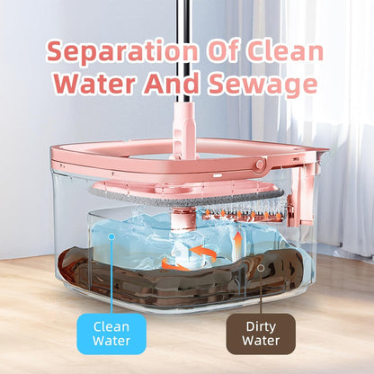 Spin Mop and Bucket Set with 2 Replaceable Microfiber Mop Pads with Self Separation Dirty and Clean Water System, Self Wringing 360° Rotating Square Mop Head for Hardwood Tile Marble Floors
