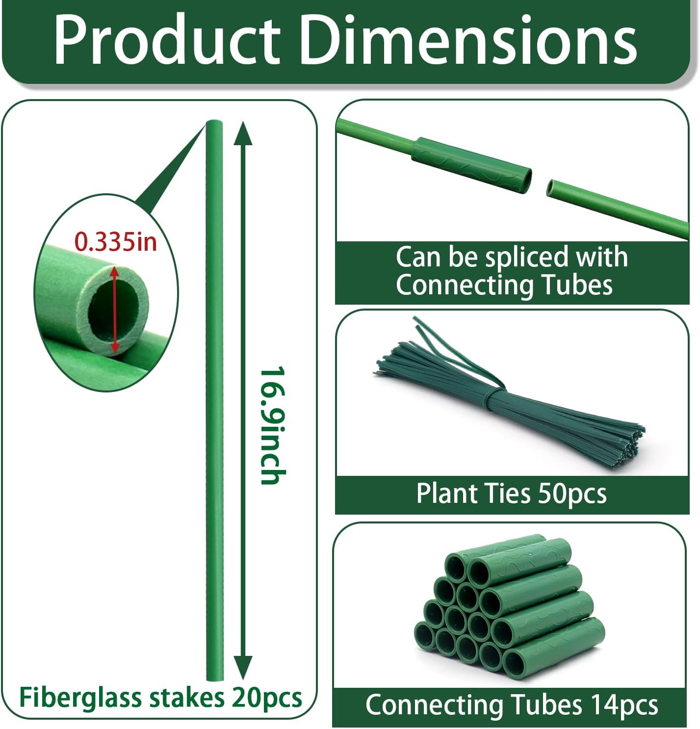 Garden Stakes 17Inch 20Pcs HOUNANG, DIY 4ft 5ft 6ft 7ft 8ft Fiberglass Plant Support Stakes for Gardening, with 14Connectors 50Ties for Indoor Outdoor Plants, Tomato, Vegetables, Potted Plants