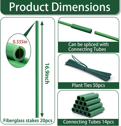 Garden Stakes 17Inch 20Pcs HOUNANG, DIY 4ft 5ft 6ft 7ft 8ft Fiberglass Plant Support Stakes for Gardening, with 14Connectors 50Ties for Indoor Outdoor Plants, Tomato, Vegetables, Potted Plants