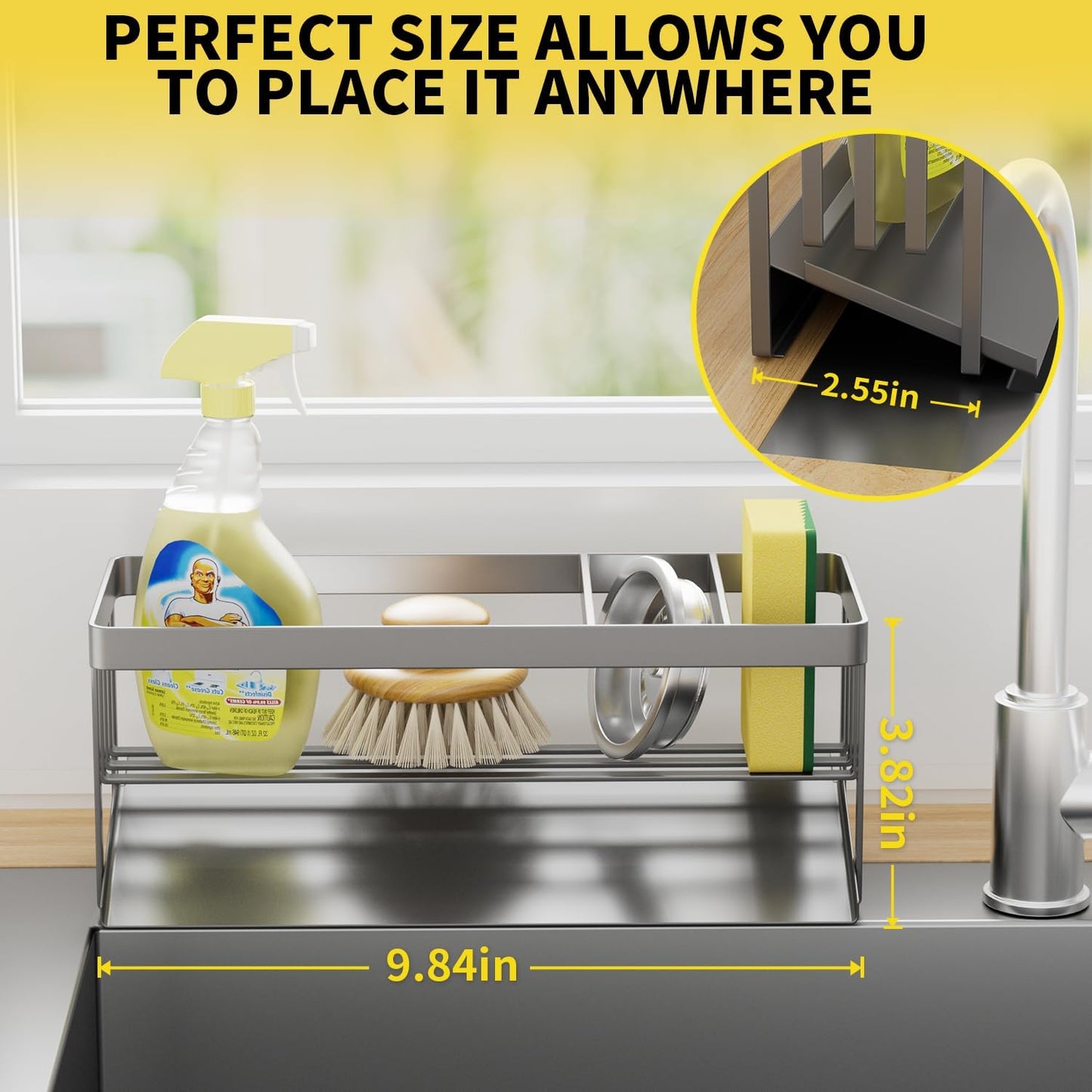 Kitchen Sink Caddy Organzier with Sponge Holder and Removable Drip Tray for Kitchen Sink, 304 Stainless Steel Organize for Sponge Soap Dish Brush Storage Accessories(Black)