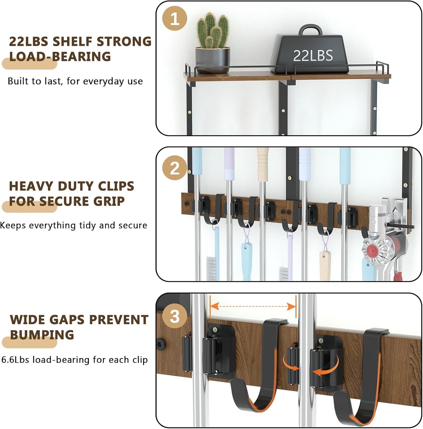 Mop Holder Wall Mount with Cleaning Supplies Organizer, Wood Mop and Broom Hanger Rack Organizer with Anti-Fall Wall Shelf with 5 Clips & Hooks for Garage Laundry Room Kitchen (Brown)