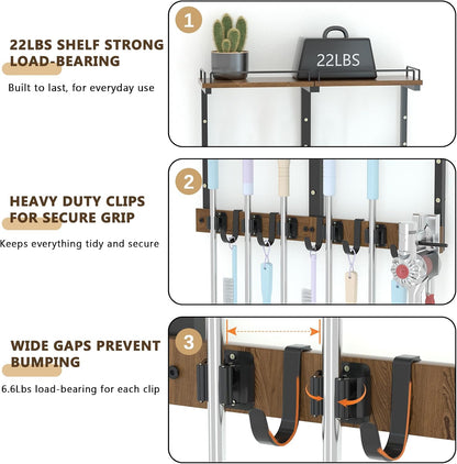 Mop Holder Wall Mount with Cleaning Supplies Organizer, Wood Mop and Broom Hanger Rack Organizer with Anti-Fall Wall Shelf with 5 Clips & Hooks for Garage Laundry Room Kitchen (Brown)