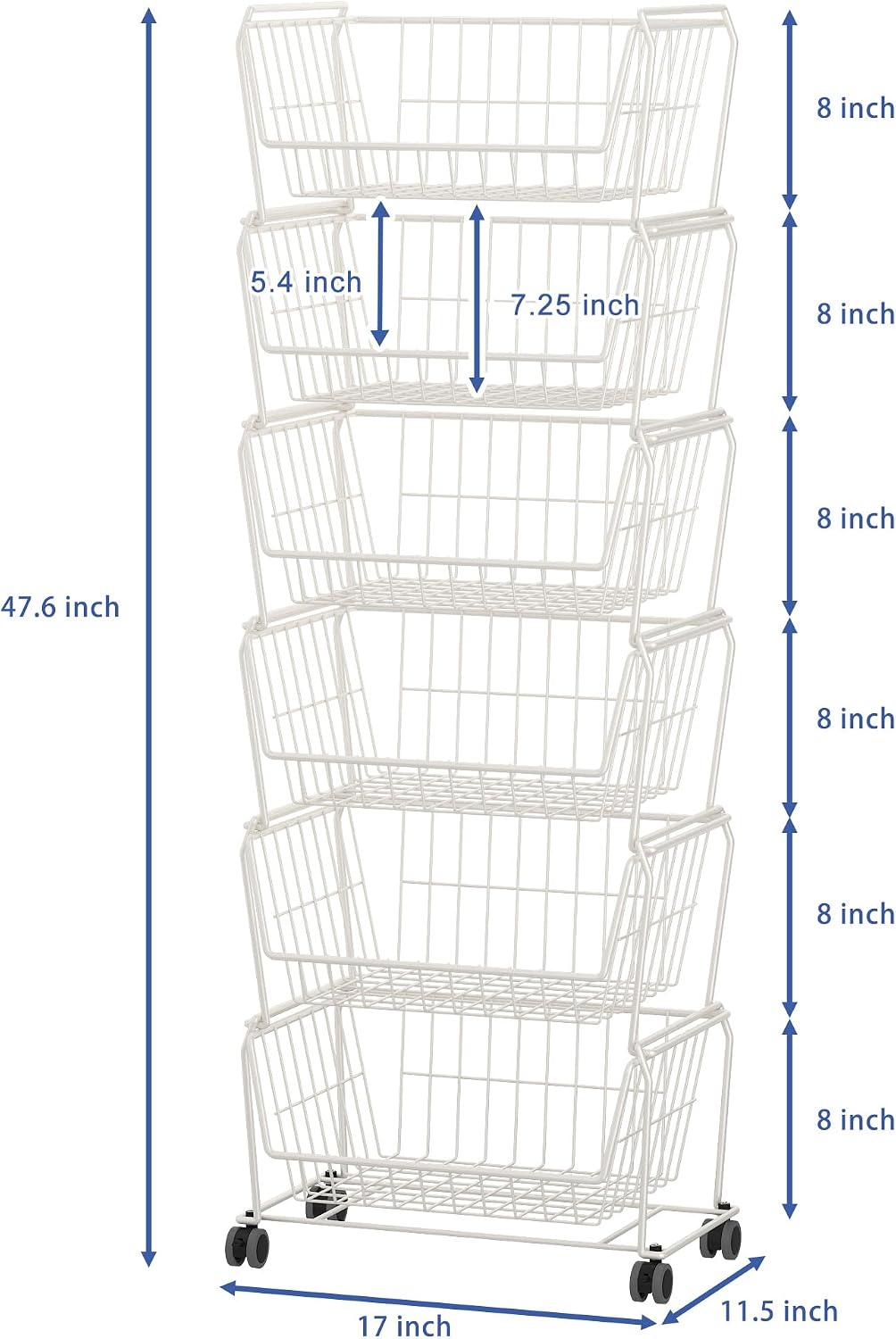 PUSDON 6-Tier Tall Stackable Wire Storage Baskets with Wheels, Vertical Metal Rolling Utility Cart, High Capacity Produce Basket for Kitchen Pantry, Snack Organizer, Matte Black