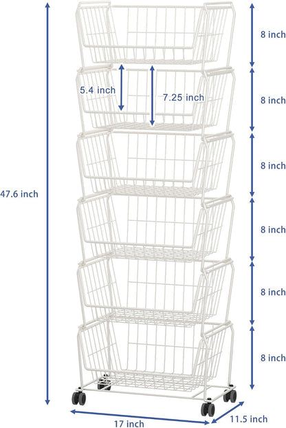 PUSDON 6-Tier Tall Stackable Wire Storage Baskets with Wheels, Vertical Metal Rolling Utility Cart, High Capacity Produce Basket for Kitchen Pantry, Snack Organizer, Matte Black