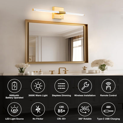 Morauroral Battery Operated Wall Sconces Set of 2, 10000mAh Rechargeable Sconces, 3000K-6000K Dimmable LED Wall Lamp with Remote, 24 Inch Black Gold Wireless Wall Lights for Bedroom, Living Room