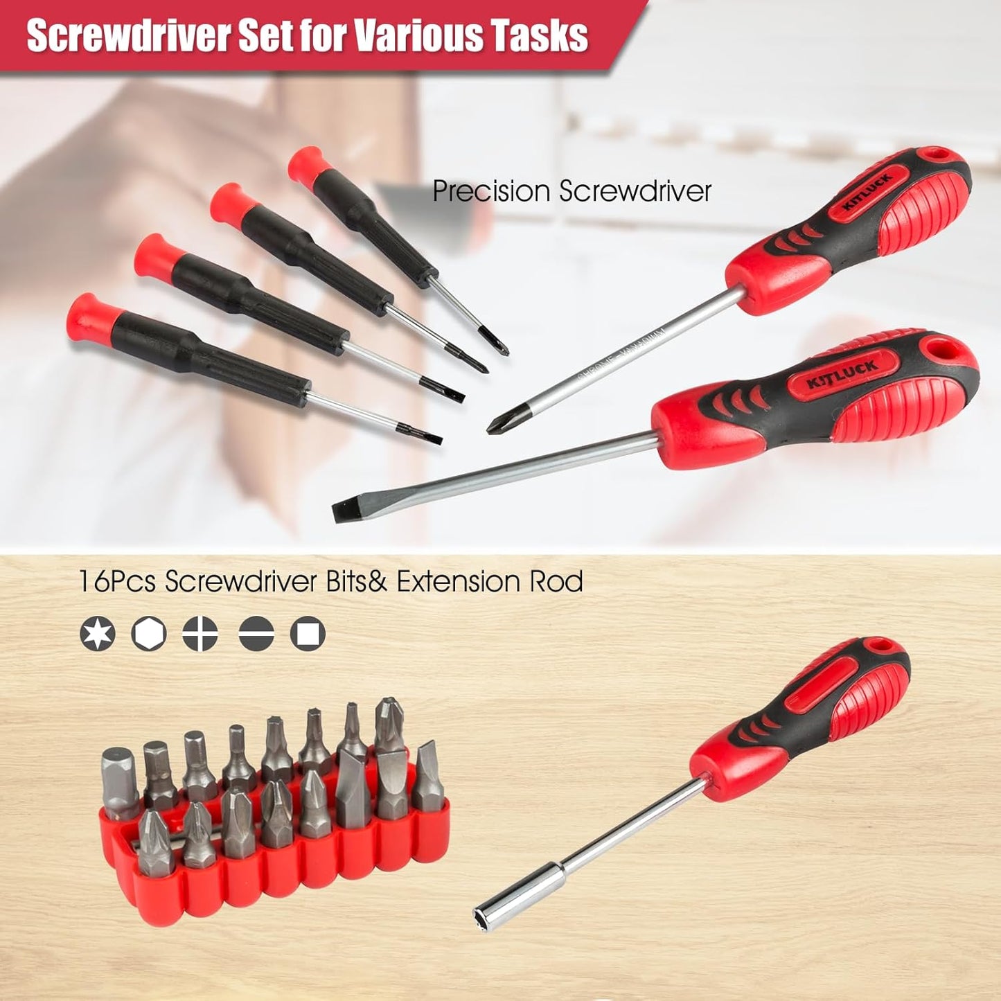 KITLUCK 138-piece Home Tool Kit, Household Hand Repair Tool Set for men, Portable Basic Tool box Set with Tools (Screwdriver, Plier, Wrench, Socket, Harmer, Rule, etc.) for Home and Car