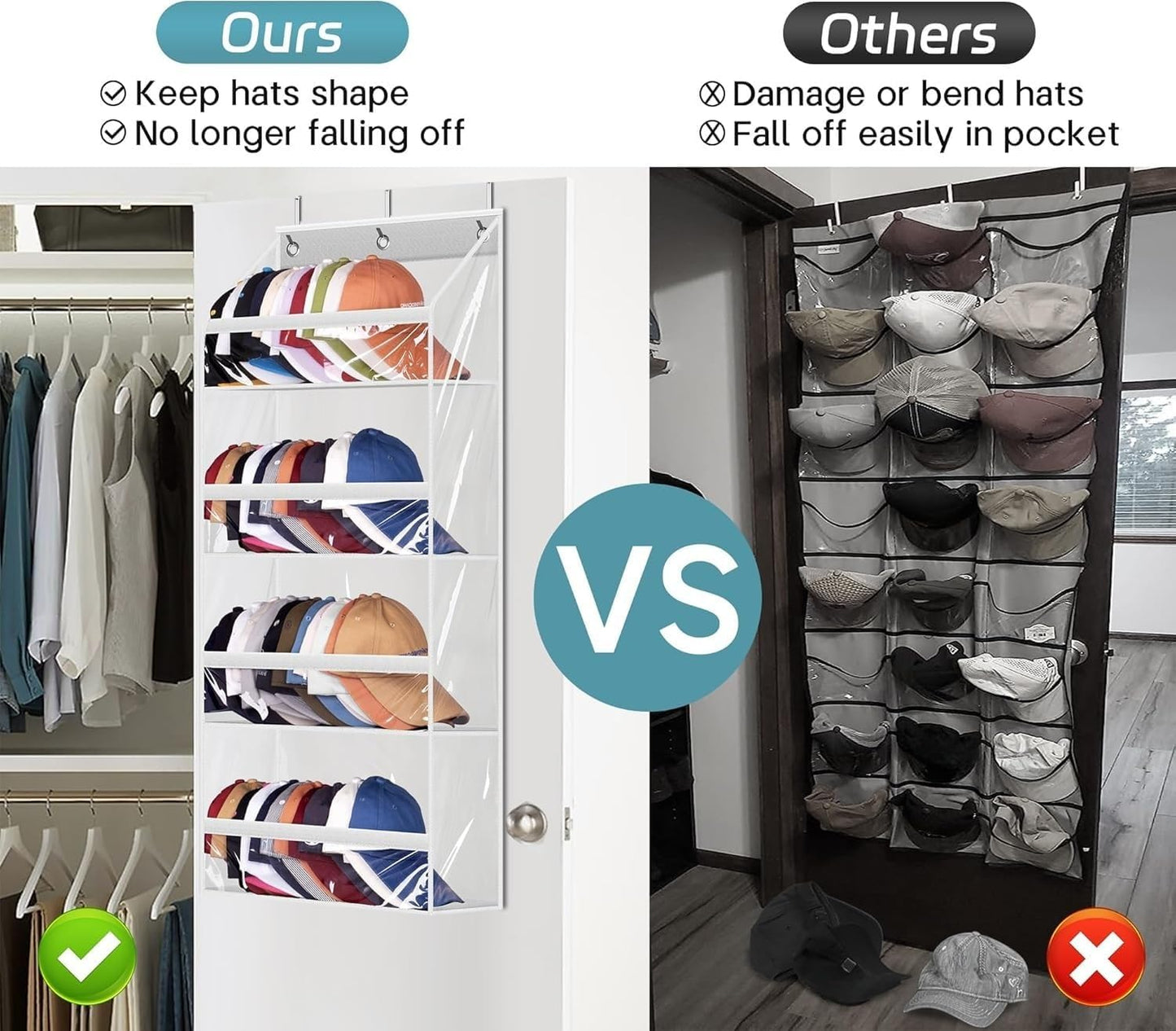 AOODA Clear Over the Door Hat Racks for Baseball Caps, Large Holds up to 72 Caps Hat Storage Organizer for Closet Wall, Deep Pockets Hanging Snapback Holder Shelves with 3 Hooks, White