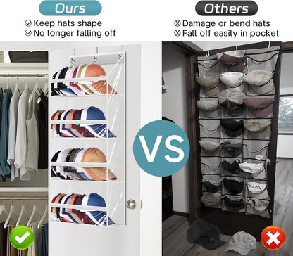 AOODA Clear Over the Door Hat Racks for Baseball Caps, Large Holds up to 72 Caps Hat Storage Organizer for Closet Wall, Deep Pockets Hanging Snapback Holder Shelves with 3 Hooks, White
