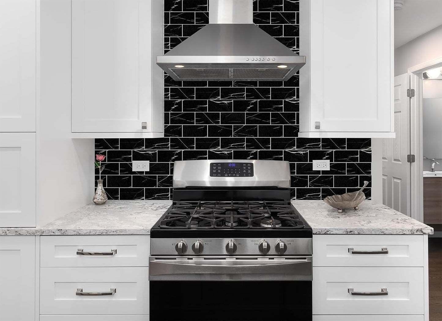StyloVue 100 Pieces Peel and Stick Backsplash for Kitchen, 3" x 6" PVC Subway Tile, Glossy White with Dark Gray Grout, Self Adhesive Stick on Wall Tiles for Kitchen, Bathroom, Fireplace, RV