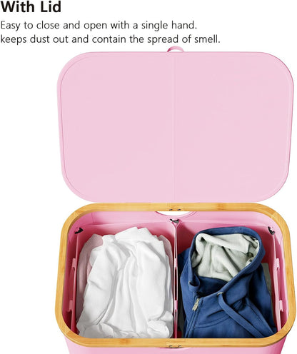 SpaceAid Double Laundry Hamper 2 Section with Lid and Removable Laundry Bags, 160L Clothes Basket with Bamboo Handles, Large Collapsible Hamper for Bedroom, Bathroom, Dorm, Laundry Room - White