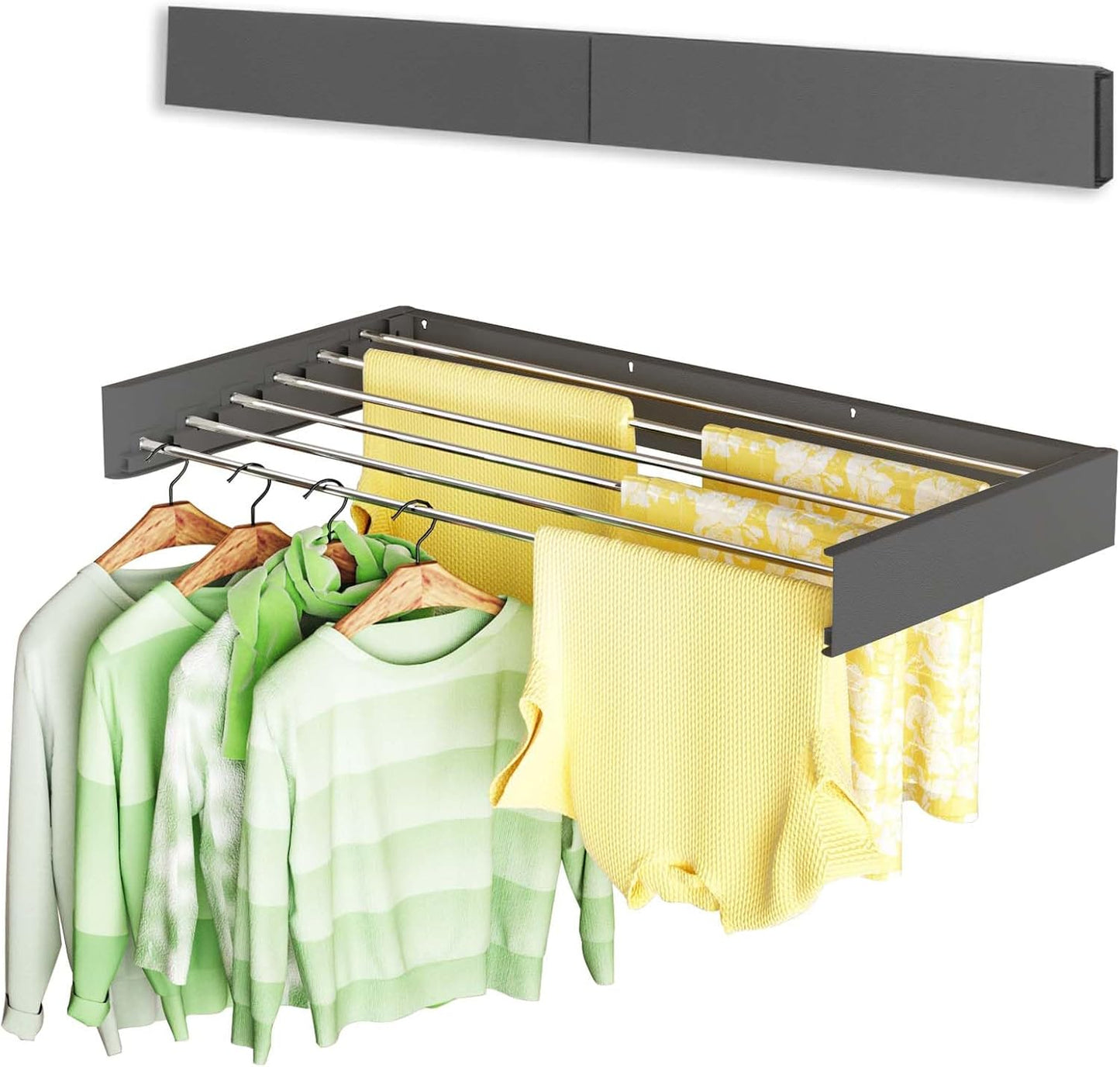 Vikaqi Wall Mounted Clothes Drying Rack 32", Foldable Wall Mount Laundry Rack Folding Indoor, Drying Rack Clothing Collapsible, Hidden Space Saver with Wall Template, 5 Rods, White