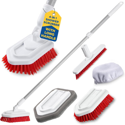 Shower Scrubber with Long Handle, Stiff Bristles Grout-Brush, Tub Scrub-Brush with Long-Handle, Shower-Cleaner Brush, Grout Cleaning Brush for Tile floors, Scouring Pad & Microfiber Cloth for Bathroom