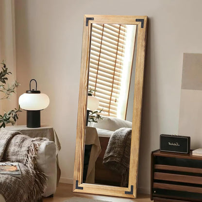 55"x22" Full Length Mirror with Wooden Frame，Natural Wooden Standing Mirror, Solid Wood Frame, Hanging or Leaning Wall-Mounted, Suit for Farmhouse, Living Room, Bedroom (Light Brown)