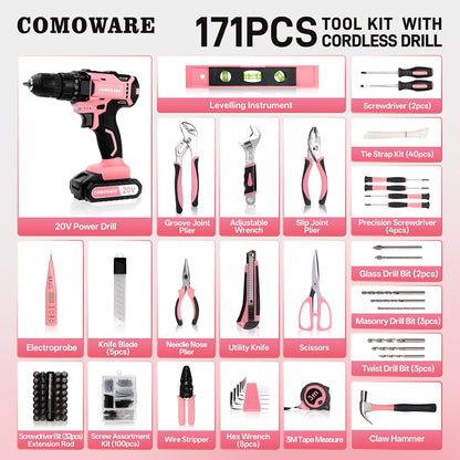 COMOWARE Household Tool Set with 20V Cordless Drill Driver, 120Pcs Hand Tool Kit for Men, Power Drill Set with Plastic Toolbox, Ideal for Office, Garden, DIY Project