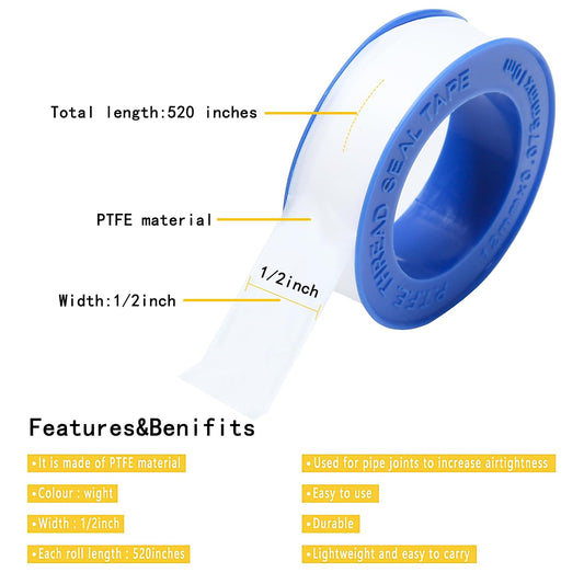 PTFE Plumber Tape 780" per Roll (4 Rolls, 3120" Total) – 50% Longer Than 520" Standard – Teflon Thread Seal Tape for Pipes, Shower Heads, Garden Hoses & Plumbing