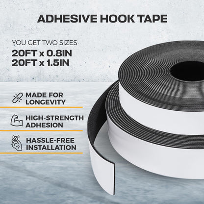 Screen Door Hook Tape, Hook Side Only - Adhesive Replacement in 2 Widths | Backside hook tape only (no loop side), weatherproof peel & stick for magnetic garage screen doors, 20ft x 0.8in + 1.5in