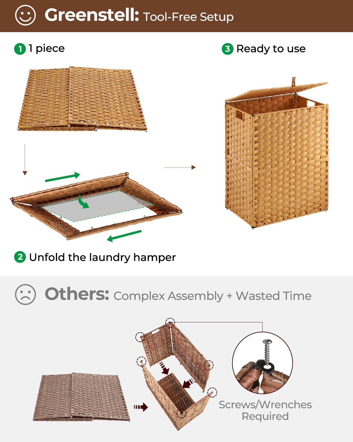Greenstell Laundry Hamper with 2 Removable Liner Bags, Foldable Divided Clothes Hamper, 90L Handwoven Rattan Laundry Basket with Lid and Handles, No Assembly Needed, 18.3x13.3x24 Inches, Black