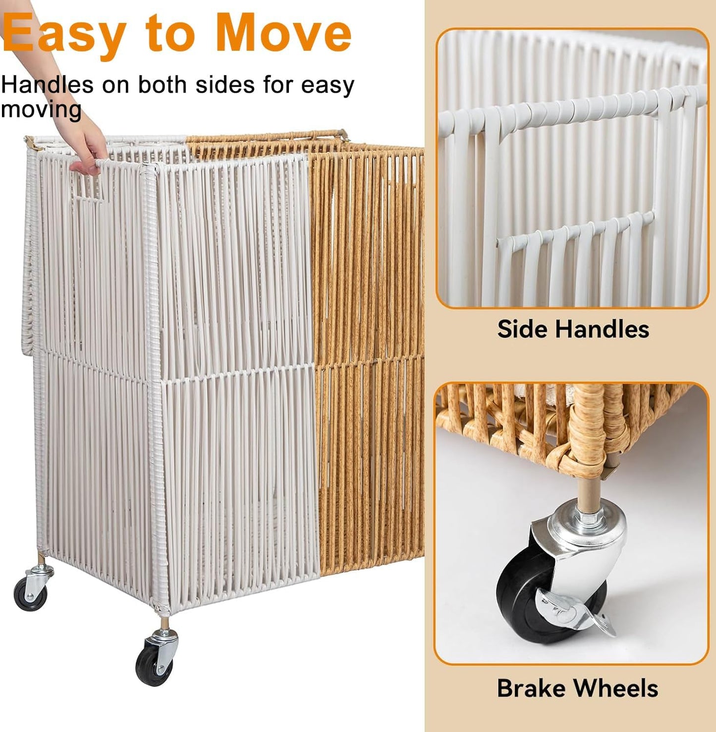 WOWLIVE Laundry Hamper with Wheels, 160L Handwoven Rolling Laundry Basket 3 Section with Lid, Clothes Hamper with Removable Liner Bags, Large Capacity Laundry Sorter Laundry Room Organization, Natural