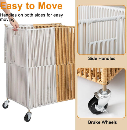 WOWLIVE Laundry Hamper with Wheels, 160L Handwoven Rolling Laundry Basket 3 Section with Lid, Clothes Hamper with Removable Liner Bags, Large Capacity Laundry Sorter Laundry Room Organization, Natural