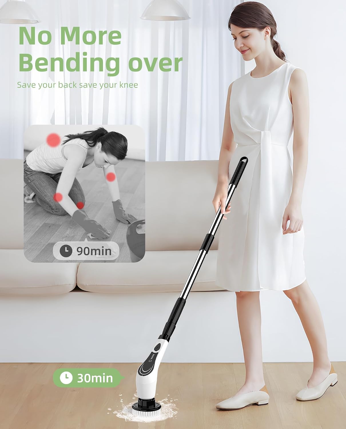 6-in-1 Cordless Electric Spin Scrubber with Long Handle | Power scrubber, bathroom scrubber, 47.2 in long handle, 2 speed scrub brush, IPX7 rated body, kitchen, tile, tub, floor