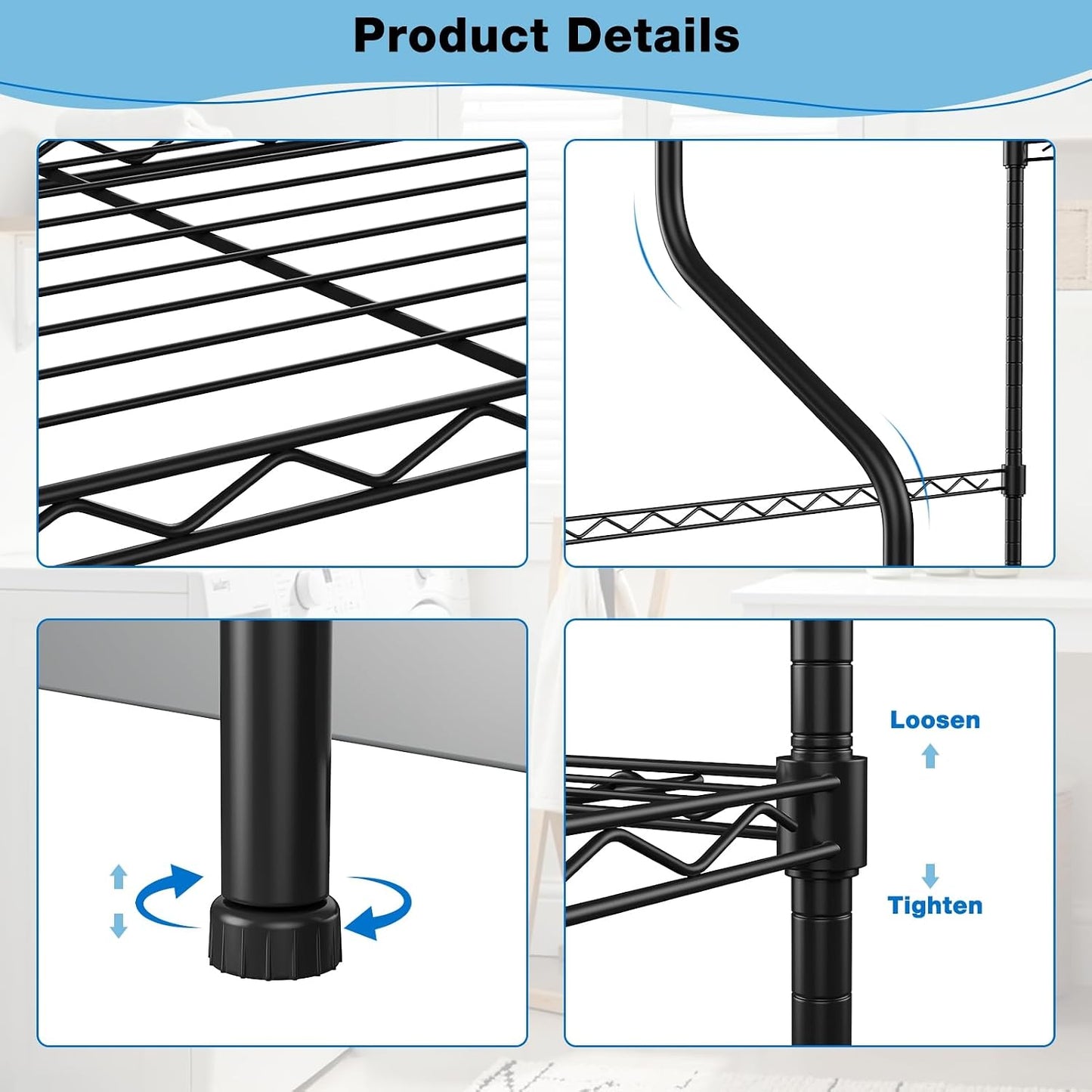3 Tier Over Washer Dryer Storage Shelf, Carbon Steel Adjustable Height Laundry Organizer with Hooks Hanging Rod Anti-Tip for Laundry Room Black
