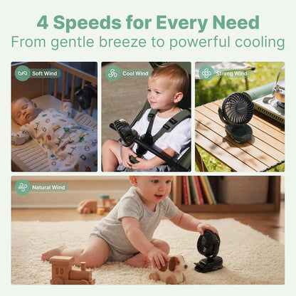 Momcozy Portable Stroller Fan with Clip | 4-Speed Mini-Fan for Carrier | Personal Fans Ultra Light 0.26lb | Gaps ≤4.5mm | Handheld Cooling | Rechargeable Rotate for Diaper Backpack/Table/Chair