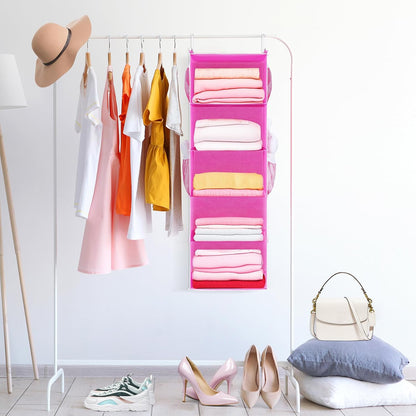 MAX Houser 4-Shelf Hanging Closet Organizer, Space Saver, Cloth Hanging Shelves with 2 Side Pockets, Foldable (Beige)