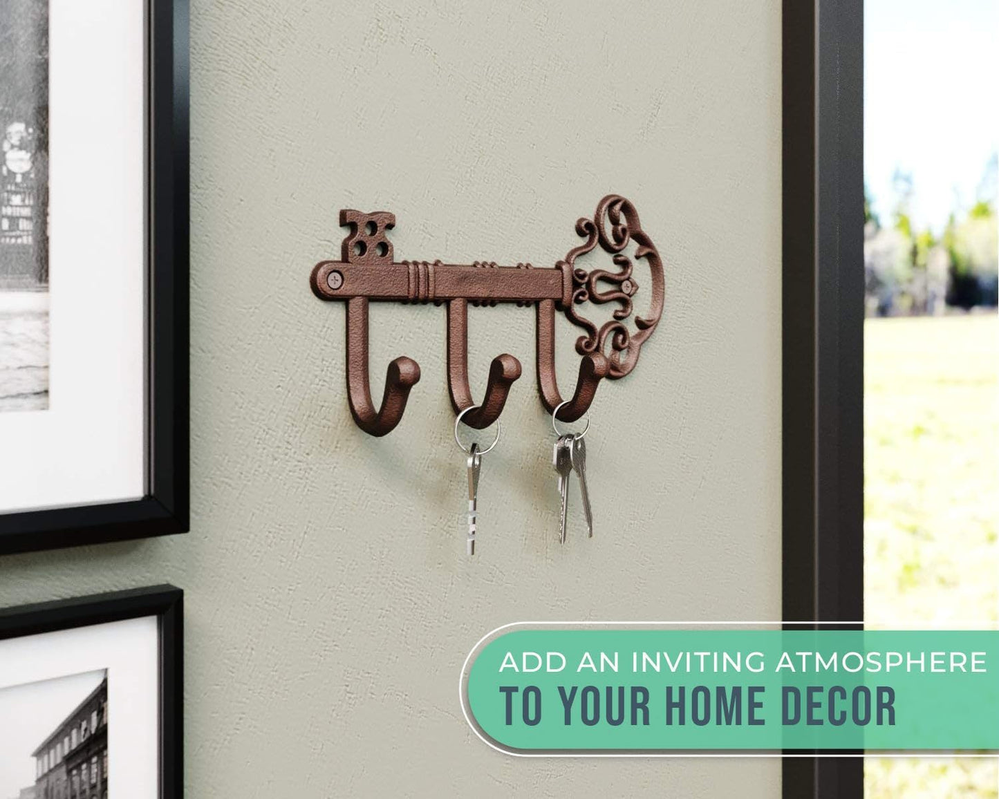 Comfify Brown Cast Iron Skeleton Key Wall Hook – 3 Hooks, 10.8" L | Brown; cast iron; 10.8"L x 2"W x 4.7"H; 3 hooks; KEYS embossed; matching brown screws; farmhouse entryway decor
