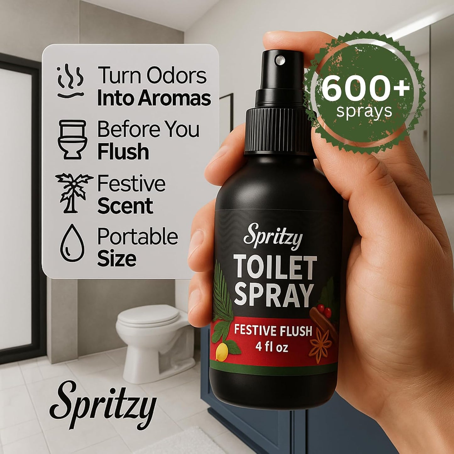 Toilet Spray (4 fl oz) | 600+ Sprays | Poo Spray w/Many Scents – Restroom & Bathroom Odor Eliminator – Essentials for a Fresh, Confident Bathroom (Festive Flush)