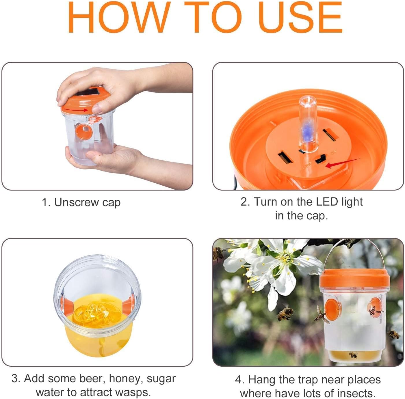 Solar Wasp Bee Trap, Outdoor Hanging LED Light Reusable Catcher for Outside | Brush Included, DIY Bait, Fits Hornet, Yellow Jacket, Wasp & Carpenter Bee, All-day Outdoor Use for Garden, Orchard & Farm