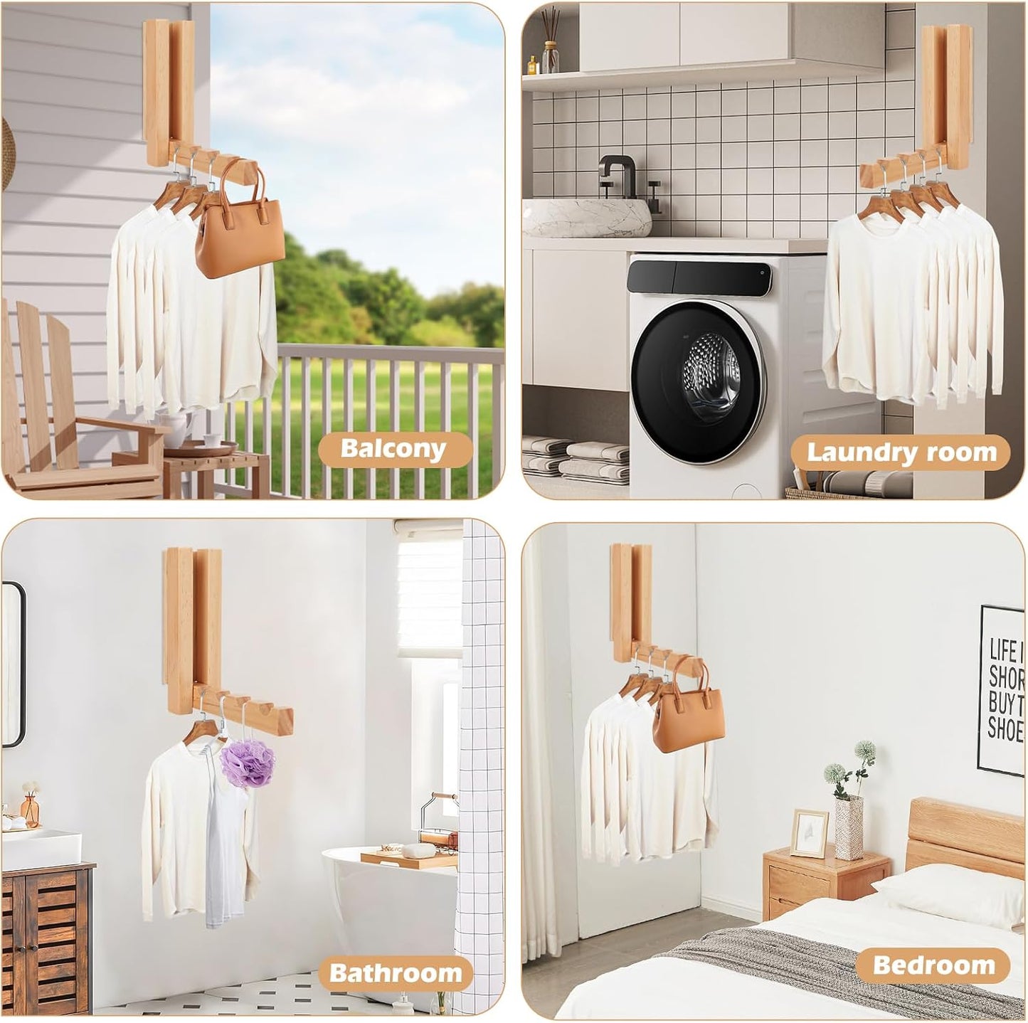 2 Pack Wall Mounted Clothes Drying Rack, Foldable Wooden Laundry Drying Rack Wall Mount, Magnetic Clothes Hanger Rack for Laundry Room, Bathroom, Closet Organization, Space Saving Storage