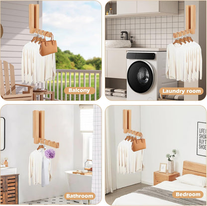 2 Pack Wall Mounted Clothes Drying Rack, Foldable Wooden Laundry Drying Rack Wall Mount, Magnetic Clothes Hanger Rack for Laundry Room, Bathroom, Closet Organization, Space Saving Storage