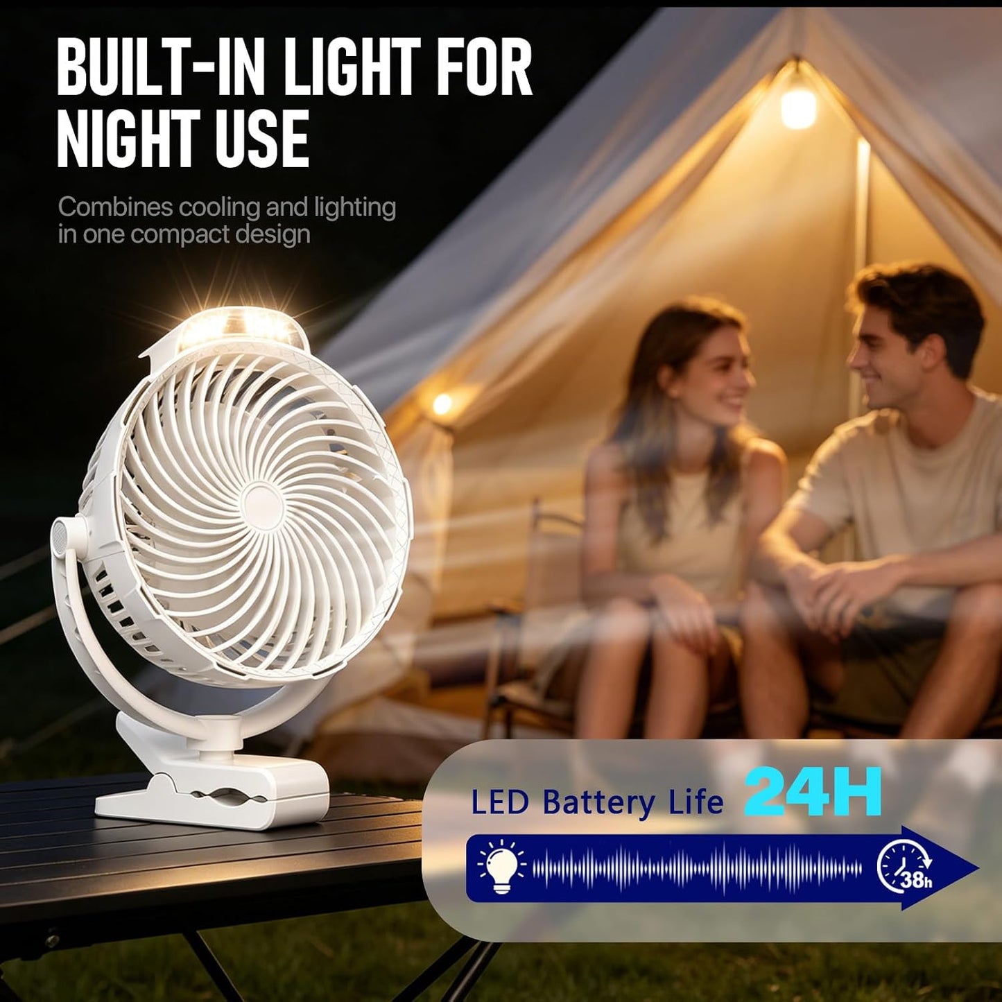 8-Inch Rechargeable Clip on Fan, 10000mAh Portable Camping Fan with LED Light, 9-Speed Ultra Quiet Airflow, 30H Runtime, 360° Rotating Desk Fan for Golf Cart, Bedroom, Office, Dorm, Black