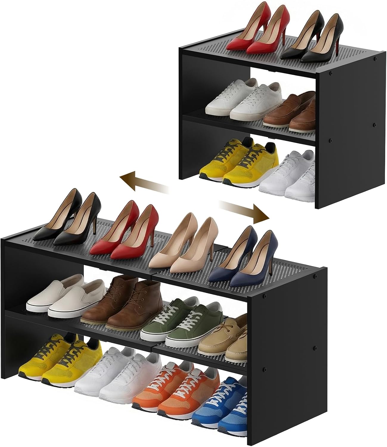 YATINEY Expandable Shoe Rack, 2-Tier Adjustable Entryway Shoe Organizer, Stackable Closet Shoe Rack for Small Space, Compact Shoe Shelf Storage for Garage Holds Up to 12 Pairs, Black SS03BB