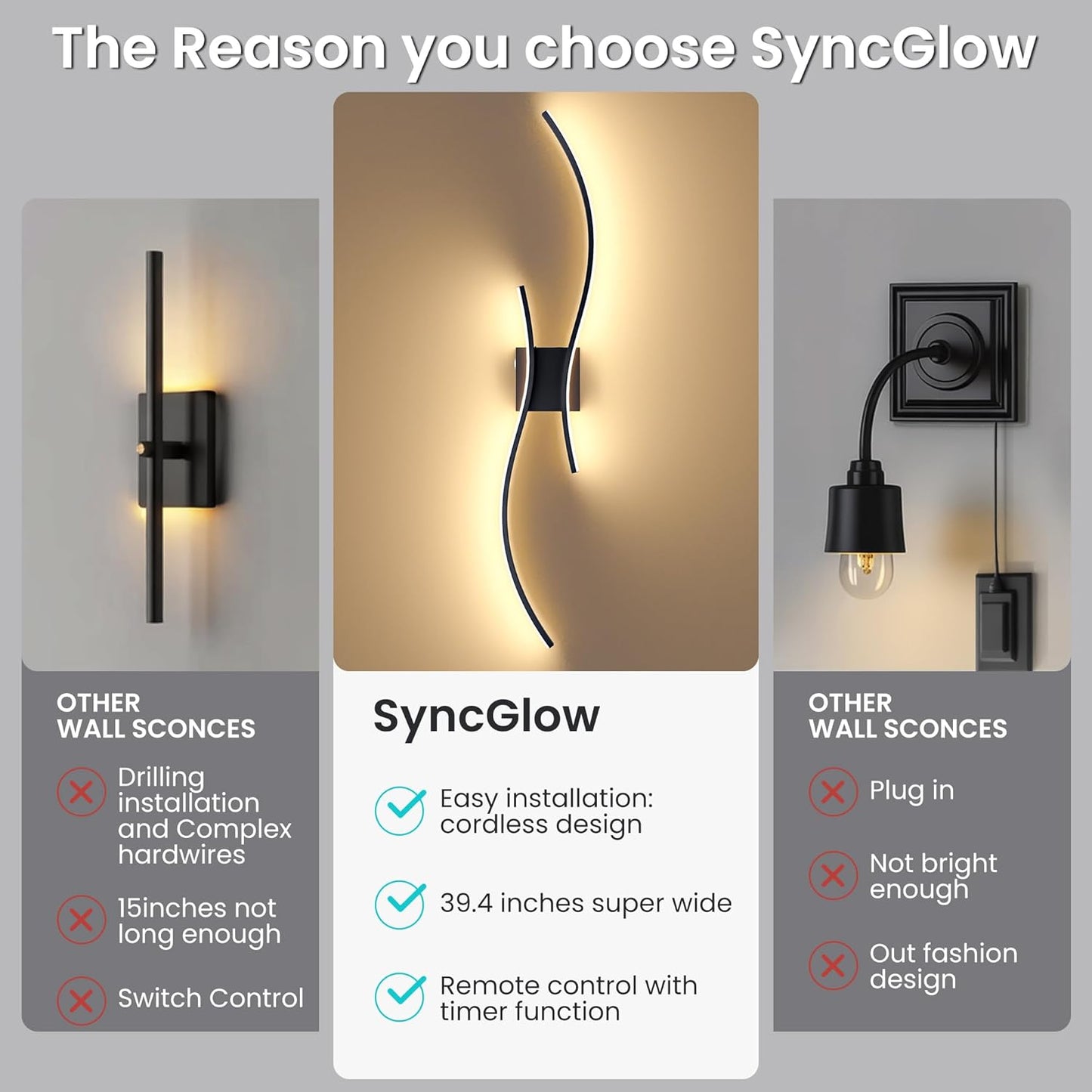 Battery Operated Wall Sconces Set of Two, 10000mAh Rechargeable Modern Wall Lights with Remote Control, Dimmable Gold LED Cordless Lighting for Living Room, Bedroom, Hallway, 39.4 Inch, 3CCT