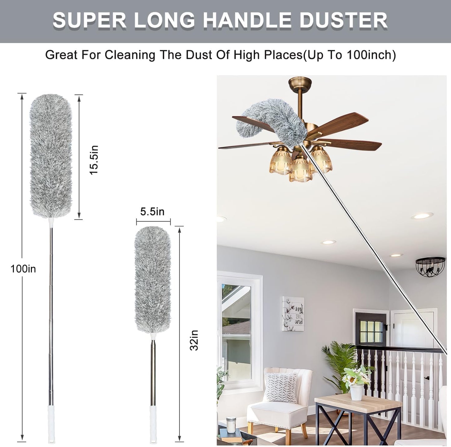 100-inch Extra-Long Dusters, Cleaner Tools with Extension Pole and Bendable and Washable Microfiber Head, Feather Duster for High Ceilings,Ceiling Fan,Furniture