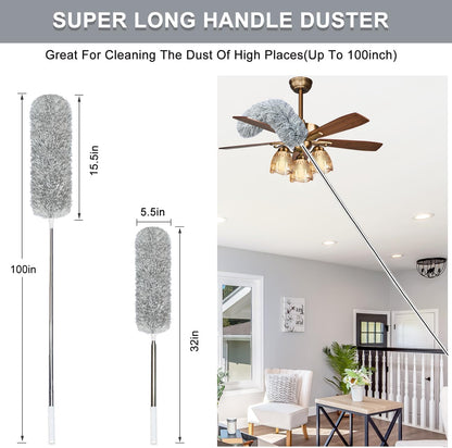 100-inch Extra-Long Dusters, Cleaner Tools with Extension Pole and Bendable and Washable Microfiber Head, Feather Duster for High Ceilings,Ceiling Fan,Furniture