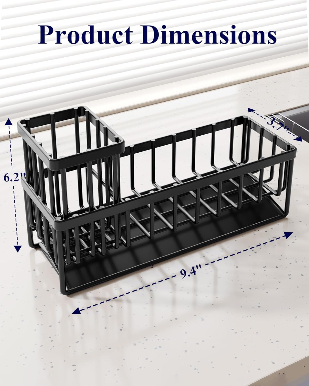 Kitsure Sponge Holder for Kitchen Sink - Rustproof Stainless Steel Sink Caddy Organization and Storage Essentials with High Brush Holder, Home Decor Accessories, 7.9" x 3.7" x 6.2", Black